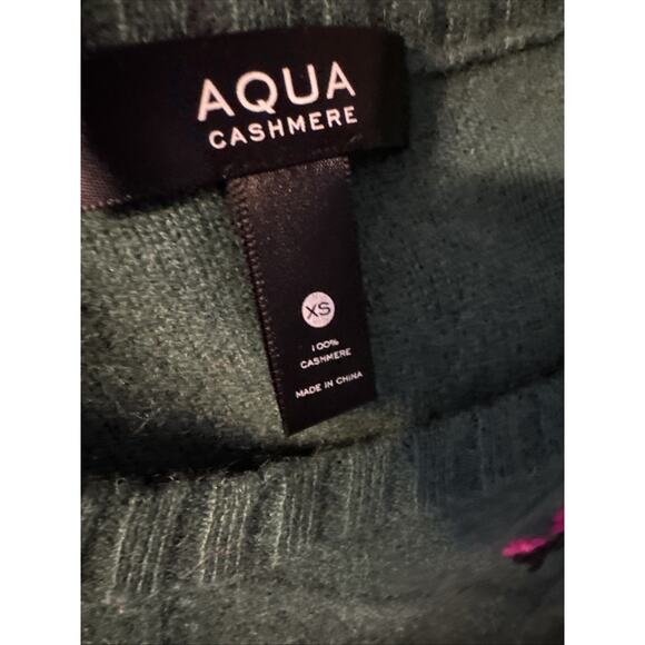 Aqua Cashmere 100% Green Sweater Pink Embroidered Flower Design Women's Size XS - Picture 15 of 15